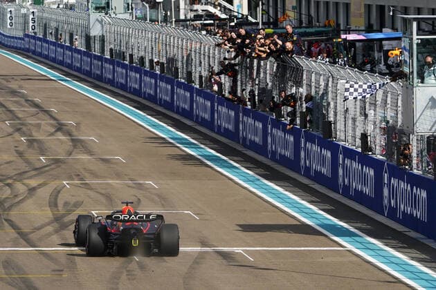 Dutch Formula One driver Max Verstappen of Red Bull Racing crosses the finish line to win the Formula One Grand Prix of Miami at the Miami International Autodrome in Miami Gardens, Florida, on Sunday, May 8, 2022.  MIA20220508201 SHAWNxTHEW