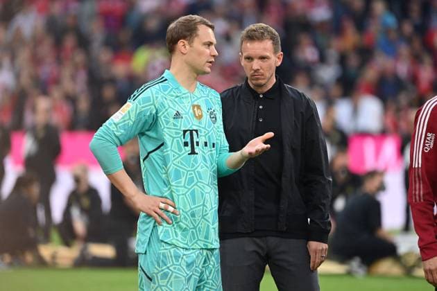f li Manuel NEUER Goalkeeper Bayern Muenchen , Coach Julian NAGELSMANN Bayern Muenchen Football 1 Bundesliga Season 2021 2022, 33 Matchday, Matchday33 FC Bayern Muenchen VFB Stuttgart 2 2 on 08 05 2022, A L L I A N Z A R E N A Muenchen