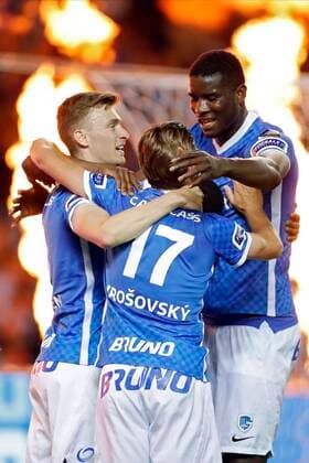 GENK, BELGIUM - MAY 10 : Onuachu Paul forward of KRC Genk - Cuesta Carlos defender of KRC Genk celebrates after scoring during the Jupiler Pro League Europe Play-Off 2 match between Krc Genk and Sporting Charleroi on May 10, 2022 in Genk, Belgium, 10 05 2022 ( Krc Genk v Sporting Charleroi - Jupiler Pro League Europe Play-Off PhotoNews Panoramic 
