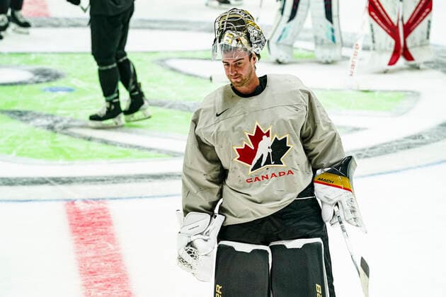 13 05 2022, Helsinki, Helsinki Ice Hall, Ice Hockey World Championship 2022, Canada free practice 36 goalkeeper Logan Thompson Canada after the practice Helsinki Helsinki Ice Hall Uusimaa Finland  Copyright: xJustPictures.ch JarixPestelaccix
