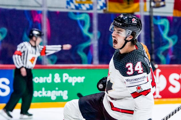 HELSINKI, FINLAND MAY 13 Cole Sillinger of Canada celebrates after scoring his goal during the 2022 IIHF Ice Hockey World Championship match between Germany and Canada at Helsinki Ice Hall on May 13, 2022 in Helsinki, Finland Helsinki Helsinki Ice Hall Uusimaa Finland  Copyright: xJustPictures.ch JarixPestelaccix