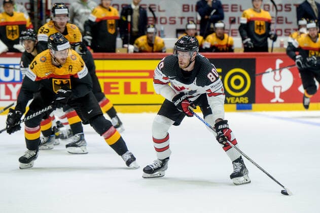 13 05 2022, Helsinki, Helsinki Ice Hall, Ice Hockey World Championship 2022 Germany Canada, 80 Pierre Luc Dubois Canada against 5 Korbinian Holzer Germany Helsinki Helsinki Ice Hall Uusimaa Finland  Copyright: xJustPictures.ch AndreaxBrancax