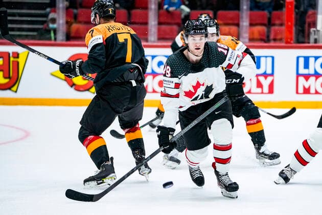 HELSINKI, FINLAND MAY 13 Dawson Mercer of Canada in action during the 2022 IIHF Ice Hockey World Championship match between Germany and Canada at Helsinki Ice Hall on May 13, 2022 in Helsinki, Finland Helsinki Ice Hall Uusimaa Finland  Copyright: xJustPictures.ch JarixPestelaccix