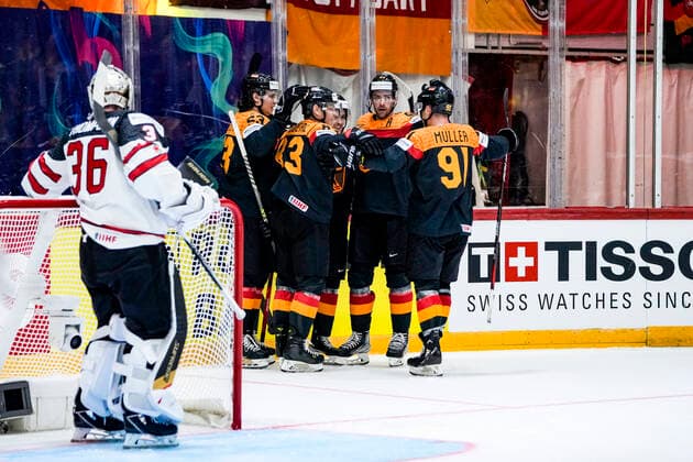 HELSINKI, FINLAND MAY 13 Team Germany celebrates their goal during the 2022 IIHF Ice Hockey World Championship match between Germany and Canada at Helsinki Ice Hall on May 13, 2022 in Helsinki, Finland Helsinki Ice Hall Uusimaa Finland  Copyright: xJustPictures.ch JarixPestelaccix