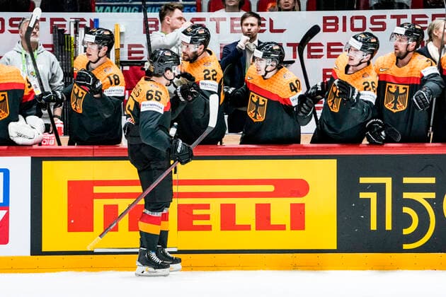 HELSINKI, FINLAND MAY 13 Marc Michaelis of Germany celebrates his goal with the team during the 2022 IIHF Ice Hockey World Championship match between Germany and Canada at Helsinki Ice Hall on May 13, 2022 in Helsinki, Finland Helsinki Ice Hall Uusimaa Finland  Copyright: xJustPictures.ch JarixPestelaccix