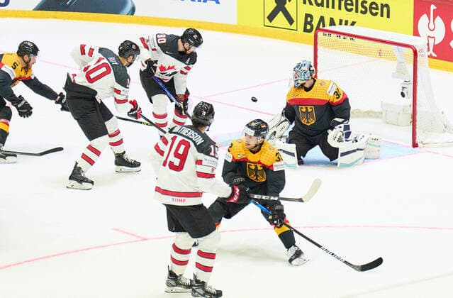 Nicolas Roy Nr. 10 of Canada scores, shoots goal , Tor, Treffer, Torschuss, 1-3, goalie Philipp GRUBAUER Goalie Nr.30 of Germany in the match GERMANY - CANADA IIHF Ice hockey, Eishockey World Championship, WM, Weltmeisterschaft Group B in Helsinki, Finland, May 13, 2022, Season 2021 2022