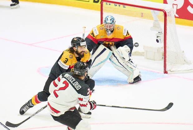 Dominik BITTNER Nr.3 of Germany goalie Philipp GRUBAUER Goalie Nr.30 of Germany compete, fight for the puck against, Zach Whitecloud Nr. 2 of Canada in the match GERMANY - CANADA IIHF Ice hockey, Eishockey World Championship, WM, Weltmeisterschaft Group B in Helsinki, Finland, May 13, 2022, Season 2021 2022