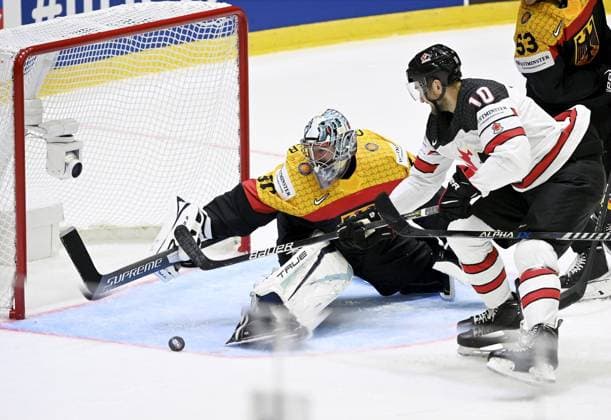 Sport Bilder des Tages Philipp Grubauer of Germany and Nicolas Roy of Canada during the 2022 IIHF Ice hockey, Eishockey World Championships preliminary round group A match between Germany and Canada in Helsinki on May 13th, 2022. Helsinki Finland LKLAPA20220513213906D273  Copyright: xAnttixAimo-Koivistox