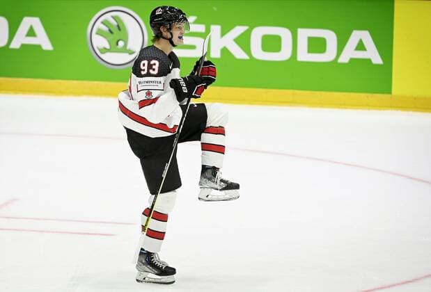 Kent Johnson of Canada celebrates a goal during the 2022 IIHF Ice hockey, Eishockey World Championships preliminary round group A match between Germany and Canada in Helsinki on May 13th, 2022. Helsinki Finland LKLAPA20220513214039G316  Copyright: xAnttixAimo-Koivistox