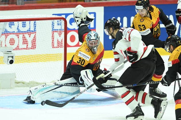 Save for Philipp Grubauer during the 2022 IIHF Ice hockey, Eishockey World Championship, WM, Weltmeisterschaft group A match between Germany and Canada at the Helsinki Ice Hall on May 13. in Helsinki, Finland. (Jussi Eskola Newspix24)  Copyright: xJussixEskolax NP24_01842230