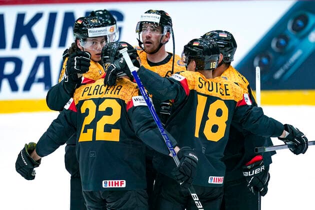 HELSINKI, FINLAND MAY 13 Team Germany celebrates the 3rd goal Moritz Seider of Germany L , Matthias Plachta of Germany, Marcel Noebels of Germany, Tim Stutzle of Germany R during the 2022 IIHF Ice Hockey World Championship match between Germany and Canada at Helsinki Ice Hall on May 13, 2022 in Helsinki, Finland Helsinki Helsinki Ice Hall Uusimaa Finland  Copyright: xJustPictures.ch JarixPestelaccix