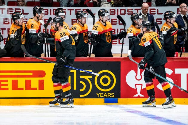 HELSINKI, FINLAND MAY 13 Matthias Plachta of Germany L celebrates his goal with the bench during the 2022 IIHF Ice Hockey World Championship match between Germany and Canada at Helsinki Ice Hall on May 13, 2022 in Helsinki, Finland Helsinki Ice Hall Uusimaa Finland  Copyright: xJustPictures.ch JarixPestelaccix