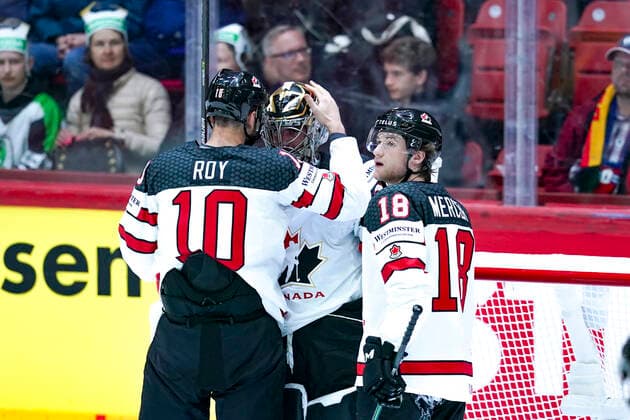 HELSINKI, FINLAND MAY 13 Nicolas Roy of Canada L celebrates victory with goalkeeper Logan Thompson of Canada and Dawson Mercer of Canada R during the 2022 IIHF Ice Hockey World Championship match between Germany and Canada at Helsinki Ice Hall on May 13, 2022 in Helsinki, Finland Helsinki Helsinki Ice Hall Uusimaa Finland  Copyright: xJustPictures.ch JarixPestelaccix