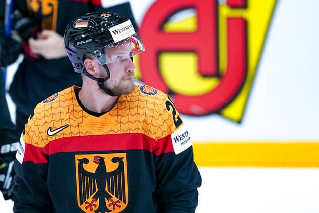 HELSINKI, FINLAND MAY 13 Daniel Schmolz of Germany during the 2022 IIHF Ice Hockey World Championship match between Germany and Canada at Helsinki Ice Hall on May 13, 2022 in Helsinki, Finland Helsinki Ice Hall Uusimaa Finland  Copyright: xJustPictures.ch JarixPestelaccix