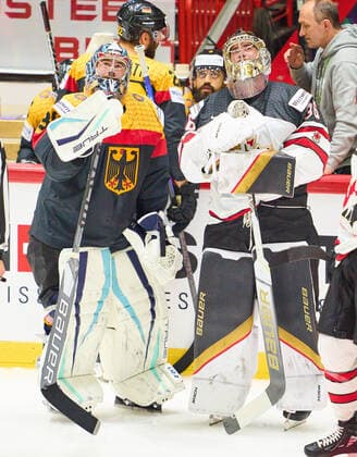 Philipp GRUBAUER Goalie Nr.30 of Germany talks to collegue Logan Thompson Nr. 36 of Canada in the match GERMANY - CANADA 3-5 IIHF Ice hockey, Eishockey World Championship, WM, Weltmeisterschaft Group B in Helsinki, Finland, May 13, 2022, Season 2021 2022