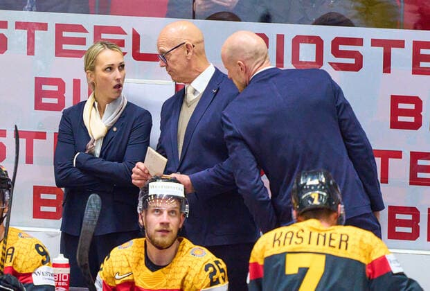 DEB National coach, headcoach, team manager, Bundestrainer, Toni Söderholm, Soederholm of Germany , Tom Rowe (65, Cheftrainer Nürnberg Icetigers), Jessica Campbell, assistent coach of Germany, in the match GERMANY - CANADA 3-5 IIHF Ice hockey, Eishockey World Championship, WM, Weltmeisterschaft Group B in Helsinki, Finland, May 13, 2022, Season 2021 2022