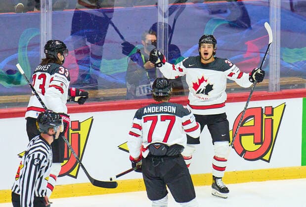 Cole Sillinger Nr. 34 of Canada celebrates his goal, happy, laugh, celebration, in the match GERMANY - CANADA 3-5 IIHF Ice hockey, Eishockey World Championship, WM, Weltmeisterschaft Group B in Helsinki, Finland, May 13, 2022, Season 2021 2022