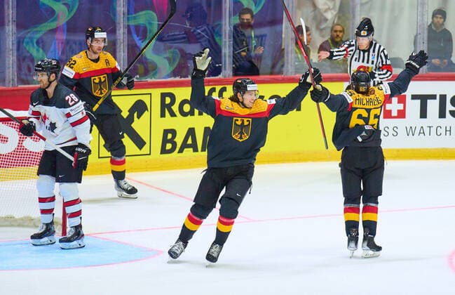 Marc MICHAELIS Nr.65 of Germany scores, shoots goal , Tor, Treffer, Torschuss, 1-2, celebrates his goal, happy, laugh, celebration, in the match GERMANY - CANADA 3-5 IIHF Ice hockey, Eishockey World Championship, WM, Weltmeisterschaft Group B in Helsinki, Finland, May 13, 2022, Season 2021 2022