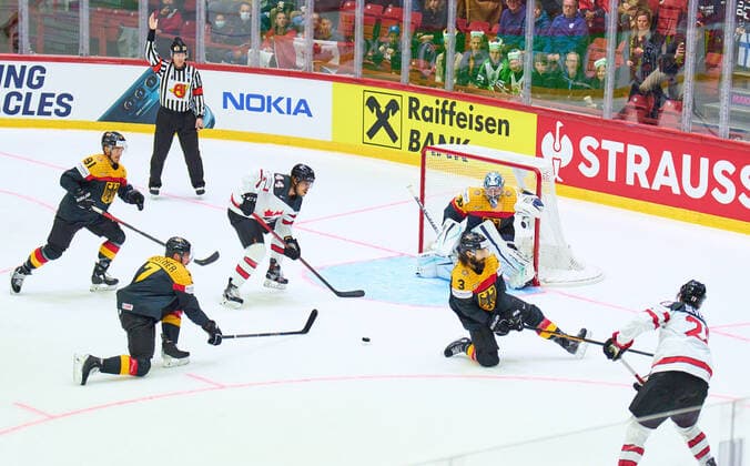 Philipp GRUBAUER Goalie Nr.30 of Germany Dominik BITTNER Nr.3 of Germany Maximilian Kastner Nr.7 of Germany Moritz Müller, Mueller Nr.91 of Germany Maxime Comtois Nr. 44 of Canada in the match GERMANY - CANADA 3-5 IIHF Ice hockey, Eishockey World Championship, WM, Weltmeisterschaft Group B in Helsinki, Finland, May 13, 2022, Season 2021 2022