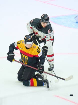 Marc MICHAELIS Nr.65 of Germany compete, fight for the puck against, Travis Sanheim Nr. 6 of Canada in the match GERMANY - CANADA 3-5 IIHF Ice hockey, Eishockey World Championship, WM, Weltmeisterschaft Group B in Helsinki, Finland, May 13, 2022, Season 2021 2022