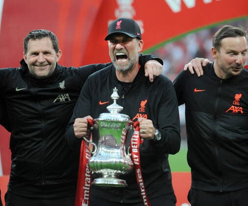 Football - 2021 2022 Emirates FA Cup - Final - Chelsea vs Liverpool - Wembley Stadium - Saturday 14th May 2022 Liverpool Manager, Jurgen Klopp with the trophy 