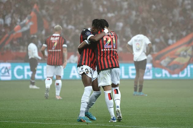 Joie - Justin Kluivert (OGC Nice) - Hicham Boudaoui (OGC Nice) FOOTBALL : OGC Nice vs Lille - Ligue 1 Uber Eats - Nice - 14 05 2022 NorbertScanella Panoramic 