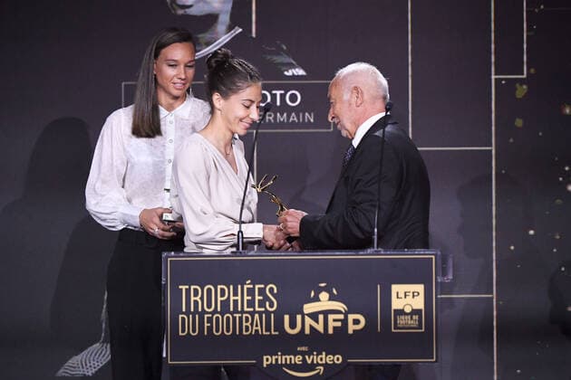 Clara MATEO - Christiane ENDLER - Philippe PIAT during the Trophies UNFP ceremony at Pavillon Gabriel on May 15, 2022 in Paris, France. FOOTBALL : Trophees UNFP - Soiree - Paris - 15 05 2022 Pool FEP Panoramic 