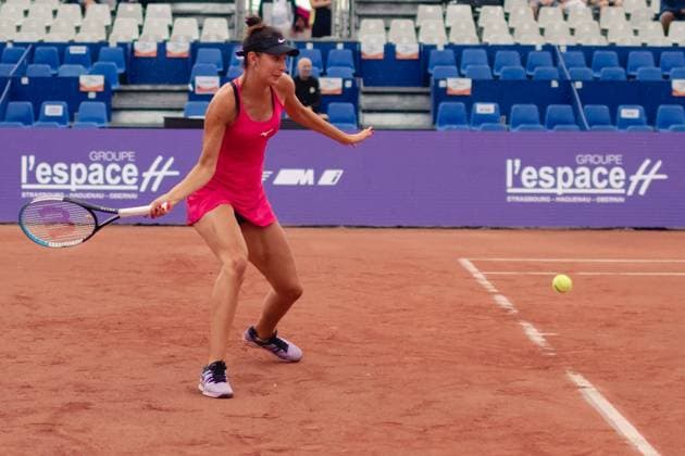 Strasbourg, France, May 16th 2022: Oceane Dodin of France in action during her Round of 32 Singles match of the 2022 Internationaux de Strasbourg against Ana Konjuh of Croatia at the Tennis Club de Strasbourg in Strasbourg, France Dan O Connor SPP 2022 Internationaux de Strasbourg - Round of 32 Singles - Ana Konjuh v Oceane Dodin - Tennis Club de Strasbourg 