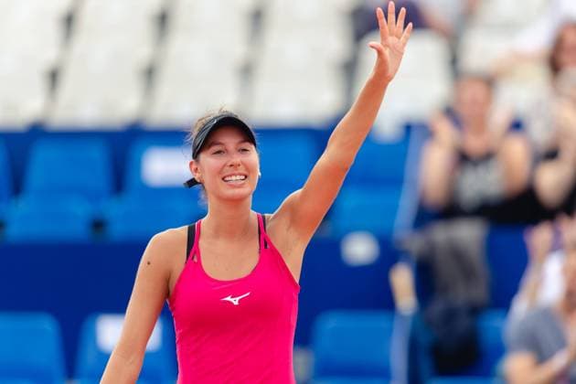 Strasbourg, France, May 16th 2022: Oceane Dodin of France celebrates victory in her Round of 32 Singles match of the 2022 Internationaux de Strasbourg against Ana Konjuh of Croatia at the Tennis Club de Strasbourg in Strasbourg, France Dan O Connor SPP 2022 Internationaux de Strasbourg - Round of 32 Singles - Ana Konjuh v Oceane Dodin - Tennis Club de Strasbourg 
