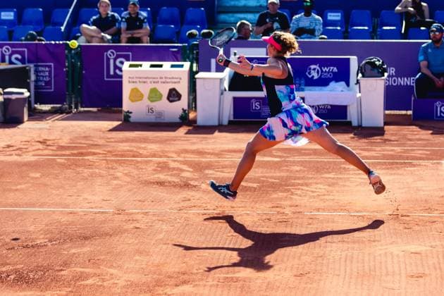 Strasbourg, France, May 16th 2022: Carole Monnet of France in action during her Round of 32 Singles match of the 2022 Internationaux de Strasbourg against Elise Mertens of Belgium at the Tennis Club de Strasbourg in Strasbourg, France Dan O Connor SPP 2022 Internationaux de Strasbourg - Round of 32 Singles - Elise Mertens v Carole Monnet - Tennis Club de Strasbourg 