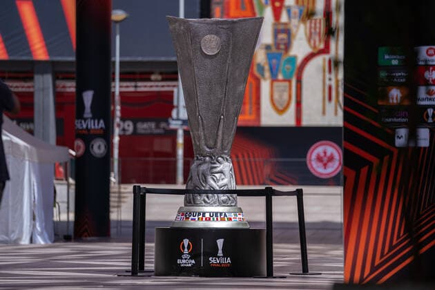 SOCCER - UEFA EL, Frankfurt vs Glasgow SEVILLA,SPAIN,17.MAY.22 - SOCCER - UEFA Europa League, final, Eintracht Frankfurt vs Glasgow Rangers, preview. Image shows a feature with a trophy.  GEPAxpictures xJohannesxFriedl