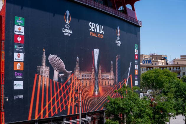 SOCCER - UEFA EL, Frankfurt vs Glasgow SEVILLA,SPAIN,17.MAY.22 - SOCCER - UEFA Europa League, final, Eintracht Frankfurt vs Glasgow Rangers, preview. Image shows a feature with a banner.  GEPAxpictures xJohannesxFriedl