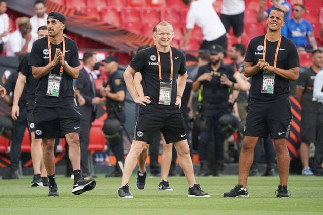 Rafael Santos Borre Eintracht Frankfurt , Sebastian Rode Eintracht Frankfurt , Timothy Chandler Eintracht Frankfurt Sevilla 18 05 2022 Eintracht Frankfurt vs Glasgow Rangers, UEFA Europa League Final, Ramon Sanchez Pizjuan Stadium Sevilla
