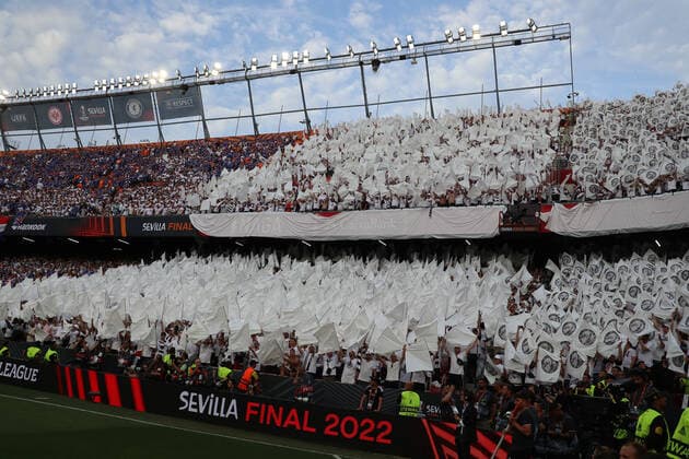 Choreo of Frankfurt fans Sevilla 18 05 2022 Eintracht Frankfurt vs Glasgow Rangers, UEFA Europa League Final, Ramon Sanchez Pizjuan Stadium Sevilla