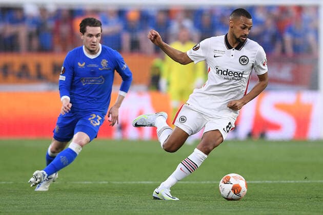 Soccer Europa League final Eintracht Frankfurt Glasgow Rangers on 18 05 2022 at Estadio Ramon Sanchez Pizjuan in Seville Scott Wright Glasgow , left Djibril Sow Frankfurt , right xHDx