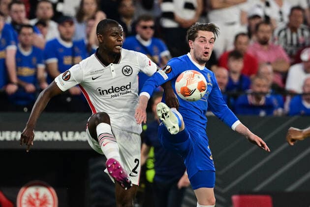 Evan Ndicka 2 Eintracht Frankfurt in duel, action, with James Tavernier 2 Glasgow Rangers , Eintracht Frankfurt vs Glasgow Rangers, Europa League, Final, 18 05 2022 Copyright: xkolbert-press MarcxNiemeyerx
