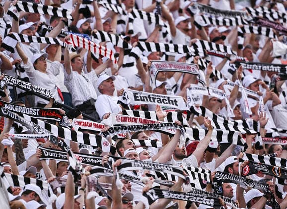 18 05 2022, xpsx, football UEFA Europa League Final 2022, Eintracht Frankfurt Glasgow Rangers v l Eintracht fans spectators scarves banner DFL DFB REGULATES PROHIBIT ANY USE OF PHOTOGRAPHS as IMAGE SEQUENCES and or QUASI VIDEO emspor Sevilla