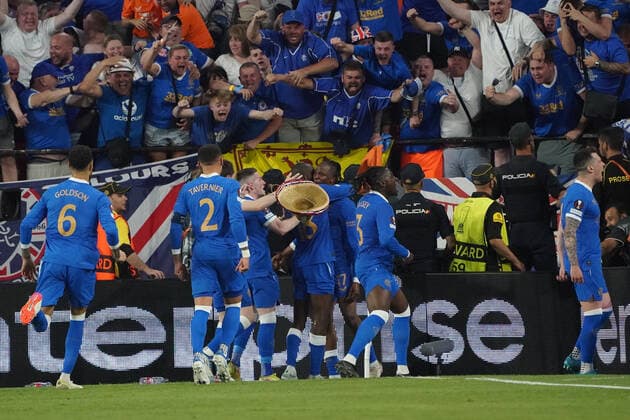 celebrate the goal, goal celebration for 0 1 Joe Aribo Glasgow Rangers , Sevilla 18 05 2022 Eintracht Frankfurt vs Glasgow Rangers, UEFA Europa League Final, Ramon Sanchez Pizjuan Stadium Sevilla