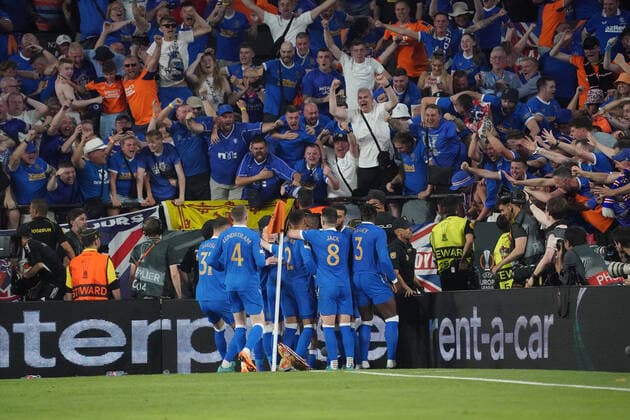 celebrate the goal, goal celebration for 0 1 Joe Aribo Glasgow Rangers , Sevilla 18 05 2022 Eintracht Frankfurt vs Glasgow Rangers, UEFA Europa League Final, Ramon Sanchez Pizjuan Stadium Sevilla