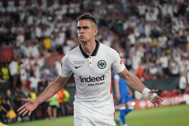 celebrate the goal, goal celebration for 1 1 Rafael Santos Borre Eintracht Frankfurt Sevilla 18 05 2022 Eintracht Frankfurt vs Glasgow Rangers, UEFA Europa League Final, Ramon Sanchez Pizjuan Stadium Sevilla