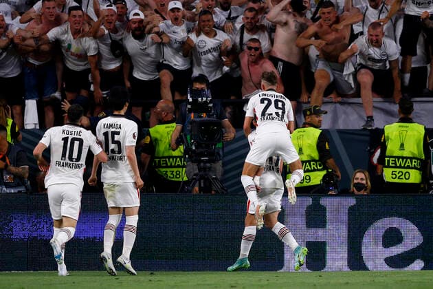 Eintracht Frankfurt v Rangers UEFA Europa League Rafael Santos Borre of Eintracht Frankfurt celebrates scoring his sides 1st goal during the UEFA Europa League Final between Eintracht Frankfurt and Rangers at Ramon Sanchez Pizjuan Stadium, Seville Content Not Available For UK Newspapers Copyright: xPaulxChestertonx FIL-16924-0113 UK Newspapers OUT