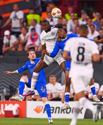 18 05 2022, Football Europa League 2021 2022, Final, Eintracht Frankfurt Glasgow Rangers, in Seville Spain with Evan N Dicka Eintracht Frankfurt vs Scott Wright Glasgow DFL and DFB regulations prohibit any use of photographs as image sequences and or quasi video