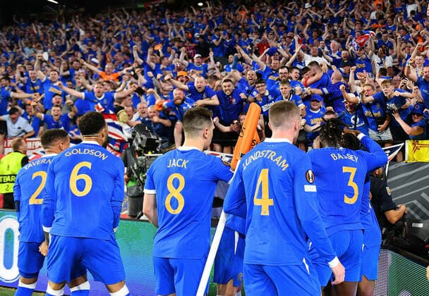 18 05 2022, xfux, football UEFA Europa League Final 2022, Eintracht Frankfurt Glasgow Rangers, emonline, emspor, v l goal celebration after goal to celebrate the goal celebrate 0 1 by Joe Aribo Glasgow Rangers DFL DFB REGULATIONS PROHIBIT ANY USE OF PHOTOGRAPHS as IMAGE SEQUENCES and or QUASI VIDEO Sevilla