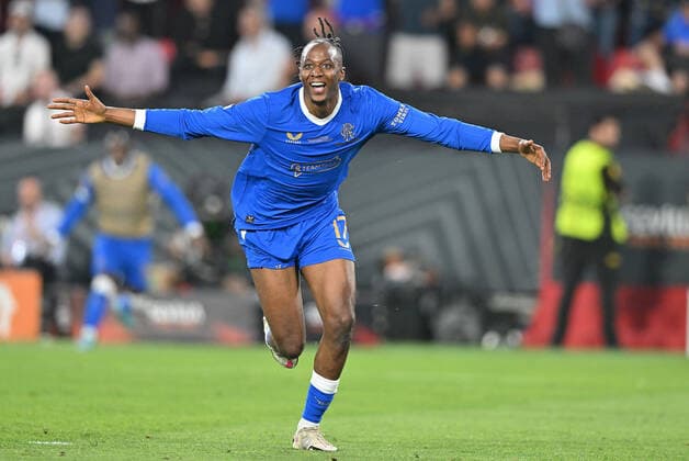 18 05 2022, xfux, football UEFA Europa League Final 2022, Eintracht Frankfurt Glasgow Rangers, emonline, emspor, v l goal celebration after goal to celebrate the goal celebrate 0 1 by Joe Aribo Glasgow Rangers DFL DFB REGULATIONS PROHIBIT ANY USE OF PHOTOGRAPHS as IMAGE SEQUENCES and or QUASI VIDEO Sevilla