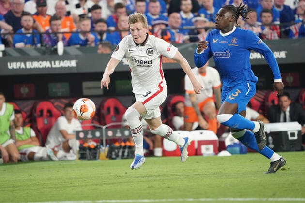 Jens Petter Hauge Eintracht Frankfurt vs Calvin Bassey Glasgow Rangers Sevilla 18 05 2022 Eintracht Frankfurt vs Glasgow Rangers, UEFA Europa League Final, Ramon Sanchez Pizjuan Stadium Sevilla
