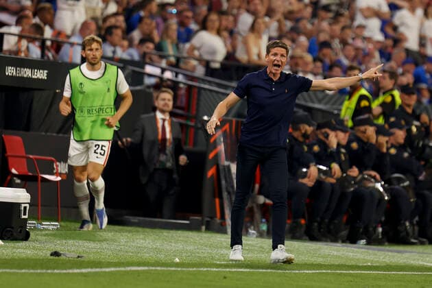 May 18, 2022, Seville, Spain: OLIVER GLASNER, head coach of Eintracht, in action during the UEFA Europa League Final soccer match between Eintracht Frankfurt and Rangers FC at the Ramon Sanchez Pizjuan Stadium Seville Spain - ZUMAa142 20220518_zap_a142_034 Copyright: xDanielxGonzalezxAcunax
