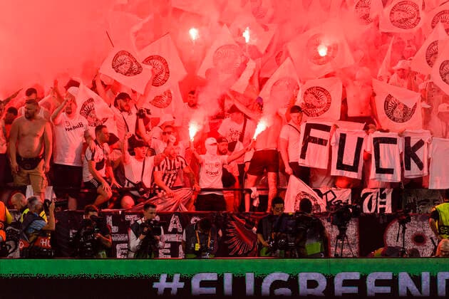 18 05 2022, Football Europa League 2021 2022, Final, Eintracht Frankfurt Glasgow Rangers, in Seville Spain Frankfurt fans burn pyros DFL and DFB regulations prohibit any use of photographs as image sequences and or quasi video