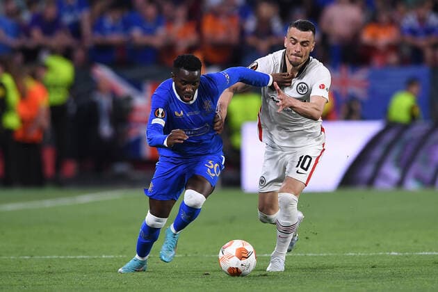Soccer Europa League final Eintracht Frankfurt Glasgow Rangers on 18 05 2022 at Estadio Ramon Sanchez Pizjuan in Seville Fashion Sakala Glasgow , left Filip Kostic Frankfurt , right xHDx