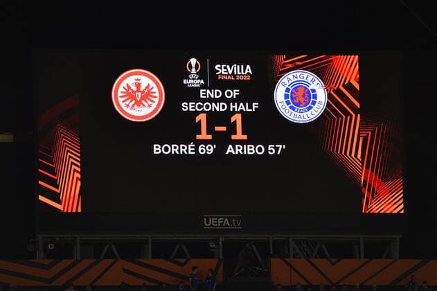 Soccer Europa League Final Eintracht Frankfurt Glasgow Rangers on 18 05 2022 at Estadio Ramon Sanchez Pizjuan in Seville The scoreboard shows the score after 90 minutes Frankfurt 1 1 Glasgow xHDx