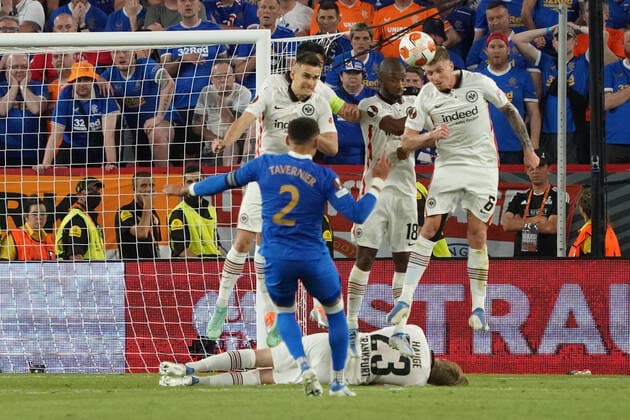 Free kick James Tavernier Glasgow Rangers just before the end Sevilla 18 05 2022 Eintracht Frankfurt vs Glasgow Rangers, UEFA Europa League Final, Ramon Sanchez Pizjuan Stadium Sevilla